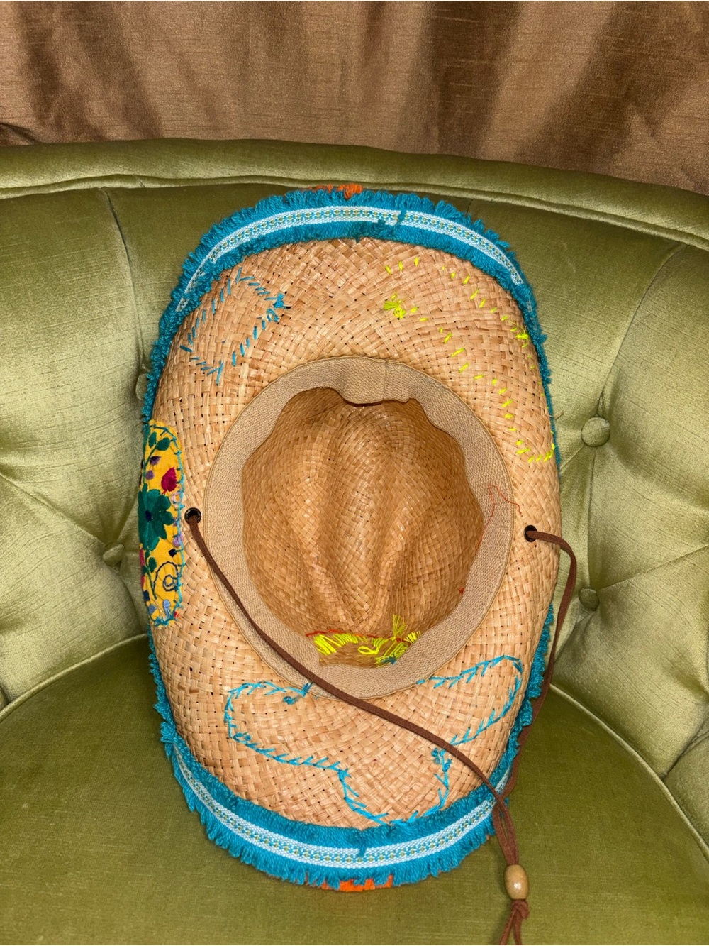 Bohemian Gypsy Queen Embroidered Raffia Straw Hat Fringe Brim medium - Picture 3 of 12